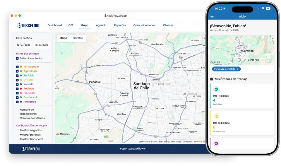 TaskFlow en plataforma web y móvil mostrando mapa, órdenes de trabajo y operación en terreno