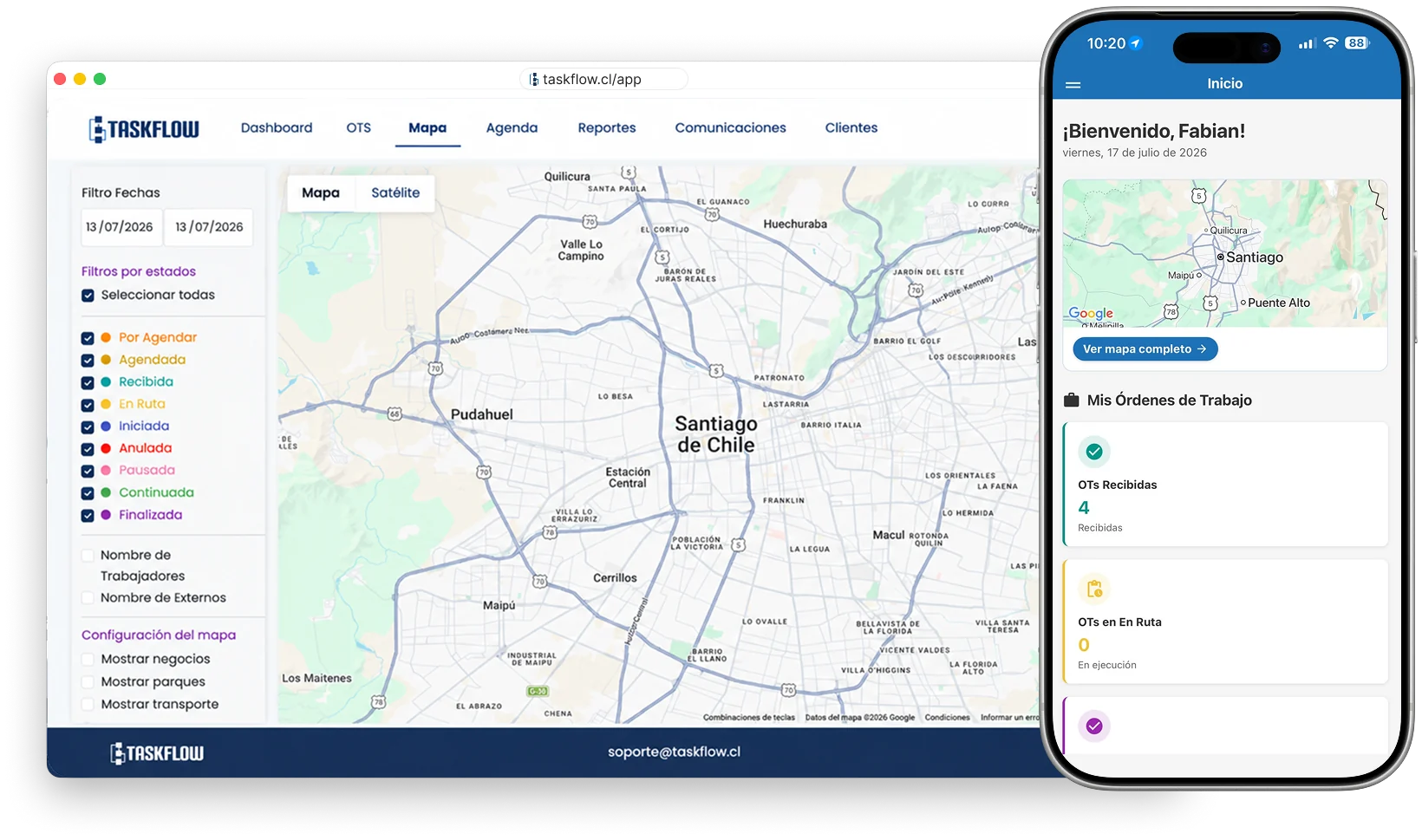 TaskFlow en plataforma web y móvil mostrando mapa, órdenes de trabajo y operación en terreno